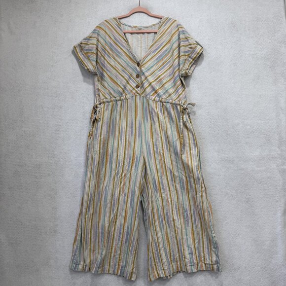World Market Jumpsuit Womens L/XL Striped Linen Cotton Wide Leg V Neck Pockets - Picture 1 of 10